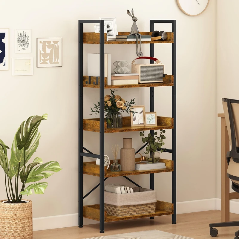 DWVO Tall Bookcase 5 Tiers, Floor Standing Industrial Book Shelf 64cm Wide 160cm High Large Book Case Wooden Shelf and Metal Shelving Unit Display for Living Room, Home, Rustic Brown Book Case