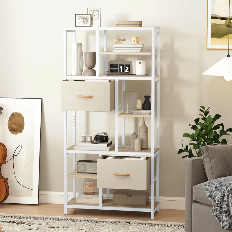 DWVO Bookcase 7 Tier Bookshelf with TWO Drawers Floor Standing Book Shelf Industrial Shelving Unit Storage Rack for Living Room, Office, Study, Hallway, 73cm Wide 151cm,High Beige