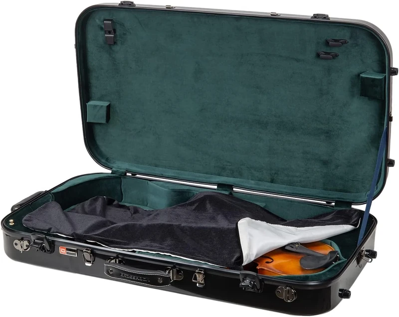 Crossrock Fiberglass Double Case for Mandolin & 4/4 Violin – Fits A & F-Style | Black Gloss Finish, TSA Lock, Backpack Straps, Accessory Storage – Pro Tour Series - Black（CRF2020MVBK-1）