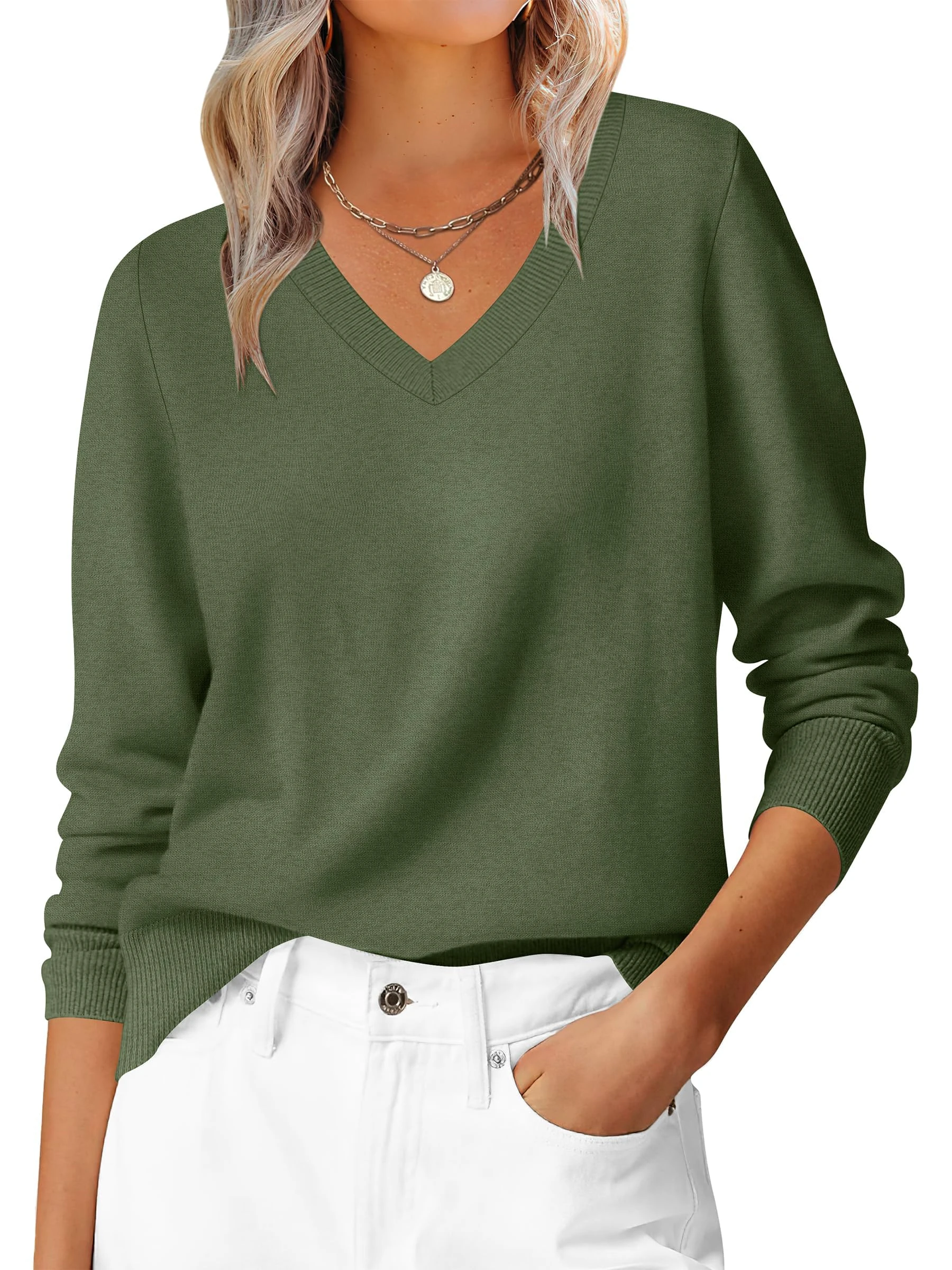 HOTOUCH Ladies Knitted Jumper V Neck Long Sleeve Fashionable Pullover Soft Lightweight Sweater Casual Autumn Winter Tops Green XXL