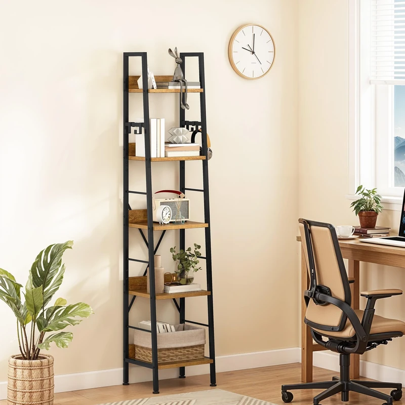 DWVO Narrow Tall Bookcase 5 Tiers, Industrial Ladder Shelf Bookshelf Wooden Shelves and Metal Slim Thin Book Rack Modern Shelving Unit for Living Room, Hallway, Office, Rustic Brown
