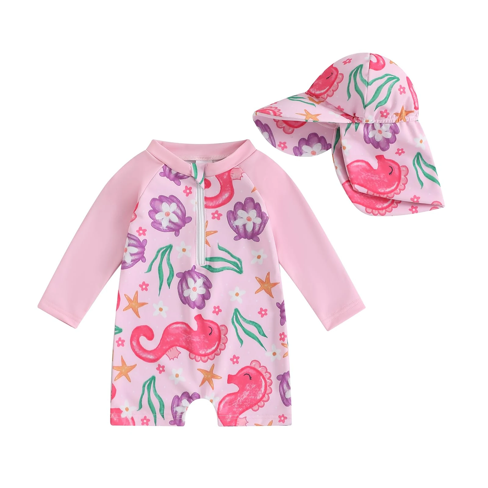 Toddler Baby Girl Swimsuit and Hat Zip Up Long Sleeve All in One Swimming Costume UV Sun Protection Swimwear One Piece Swimming Suit Rash Guard Sunsuit (Animal Scallop Seahorse Rose, 6-12 Months)