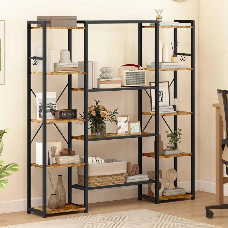 DWVO Wide Bookcase, Industrial Book Shelf with 13 Shelves Floor Standing Shelving Unit Wooden Shelf and Metal Book Rack, Display Storage Rack for Living Room, Home Office, Rustic Brown