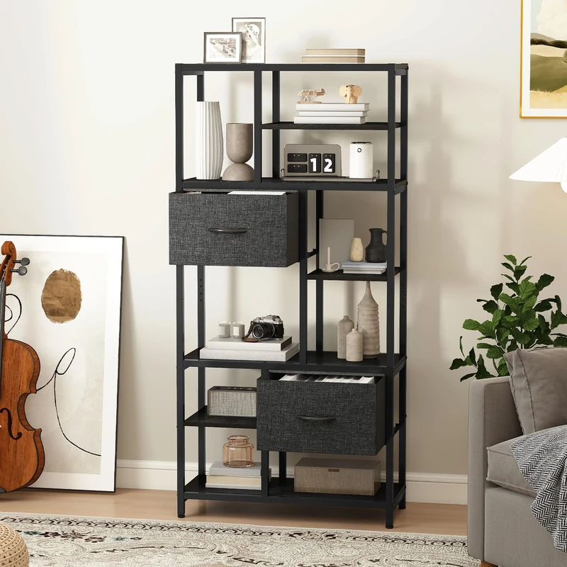 DWVO Bookcase 7 Tier Bookshelf with TWO Drawers Floor Standing Book Shelf Industrial Shelving Unit Storage Rack for Living Room, Office, Study, Hallway, 80cm Wide 186cm High Black