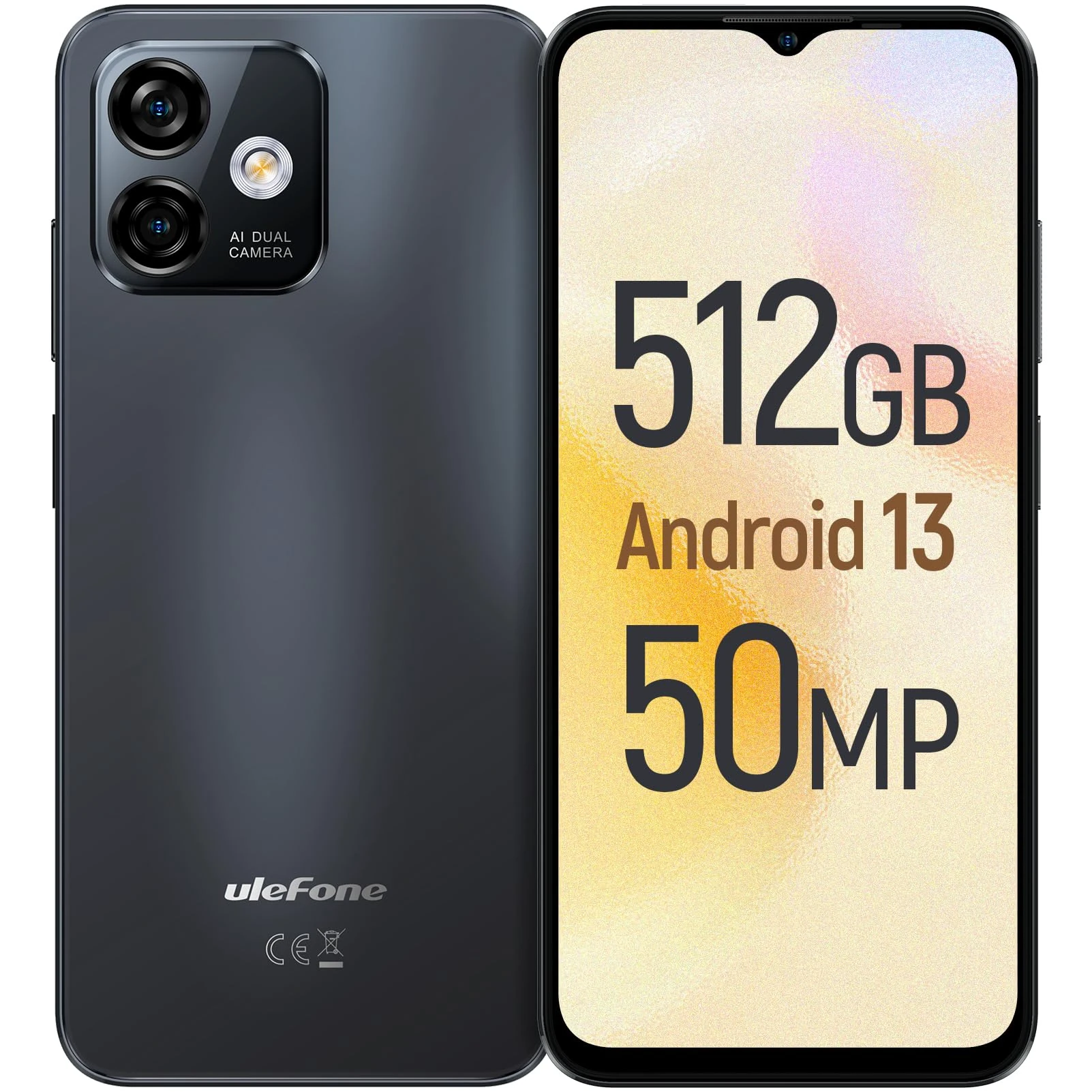 Ulefone Note 16 Pro 512GB ROM Mobile Phones, 50MP Camera Octa Core Smartphone SIM-Free Unlocked 6.52" HD+ 4400mAh 4G Dual SIM Android 13 Fingerprint Face ID GPS OTG, UK Version Black