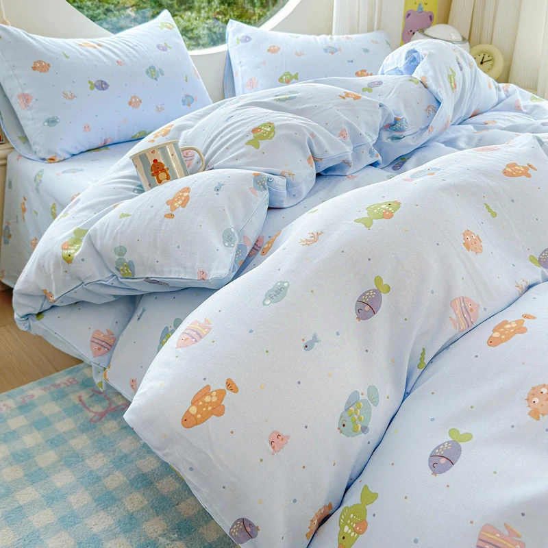 HighBuy Kids Fish Print Twin Duvet Cover Set,3 Piece Linen Cotton Bedding Sets Twin for Boys Girls Blue Ocean Bedding Comforter Cover with 2 Pillowcases,Muslin Yarn-Dyed Cotton for College