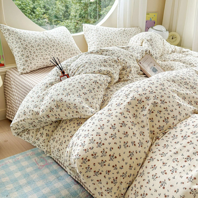 HighBuy Vintage Floral Duvet Cover Queen,Linen Cotton Duvet Cover Set Queen Size Ultra Soft Breathable Comforter Cover Chic Flower Bedding Set Muslin Yarn-Dyed for Hot Sleepers