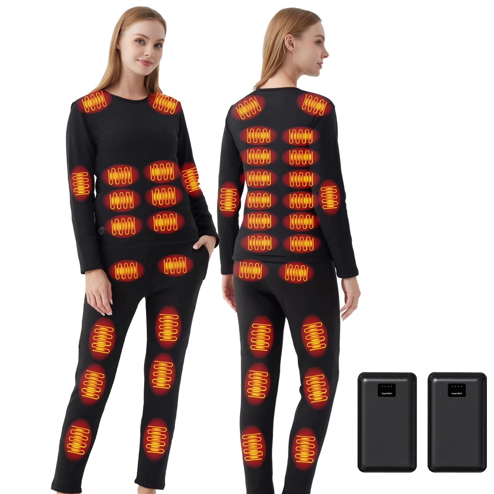 Ventouse Heated Underwear Set with 2 Power Banks: 3 Heat Settings 42 Heating Zones Winter Men's Heated Trousers and Top for Motorcycle Hunting Ski Winter Camping, black women, M