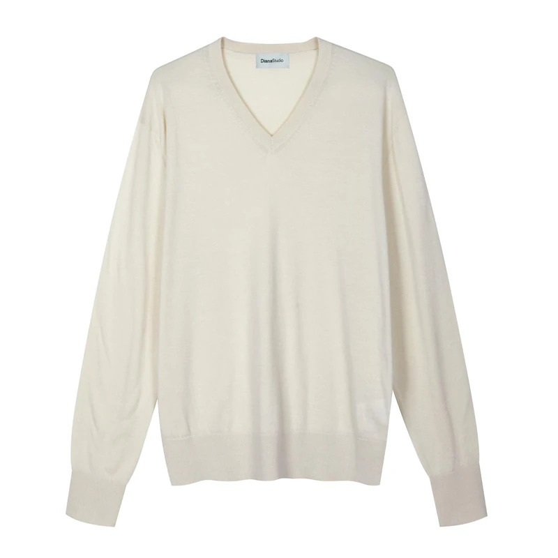 Diana Studio Men's Maglia Con Scollo A V in Lana Merino Extrafine E Cotone Organico Pullover Sweater, Cream, XL