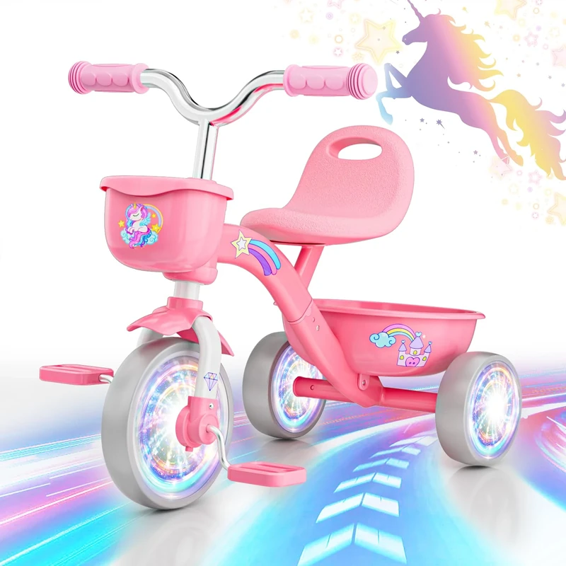 HappyGoLucky Unicorn Tricycles Toys for 2-5 Year Old Girls Gifts, Balance Bike 2-5 Year Old with Colorful Lighting Wheels & Removable Pedals, Baby Kids Trikes Bike Christmas Unicorn Gifts for Girls
