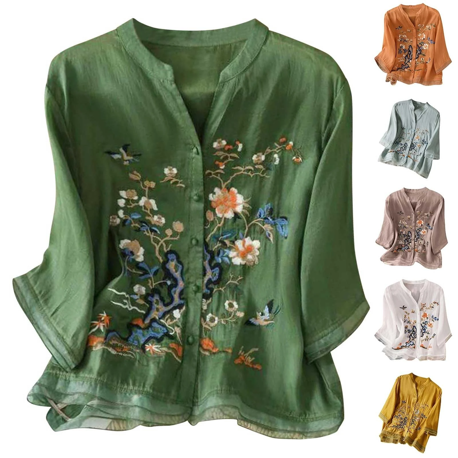 Linen Shirt Women Summer Embroidery Linen Tunic Tops Retro Jacquard Short Sleeve Boho Blouse Casual Loose Fit Flowy Hem Tee Shirt Lightweight Summer Beach Wear Blouse for Vacation Office Green