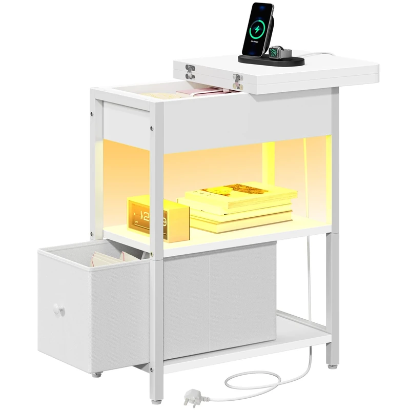 YITAHOME Narrow Side Table with Charging Station and LED, Slim Side Table with Storage Drawer, Bedside Table with USB Ports Outlets Sofa Table Nightstand for Living Room, Bedroom, White