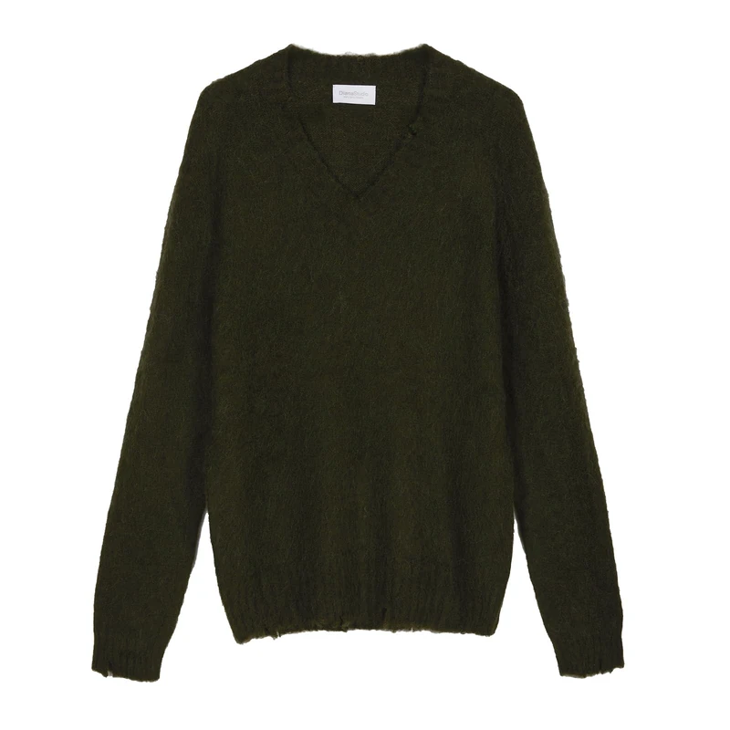 Diana Studio - Men's Long Sleeve Alpaca Brushed V-Neck Top Regular Fit, Dark Green, S