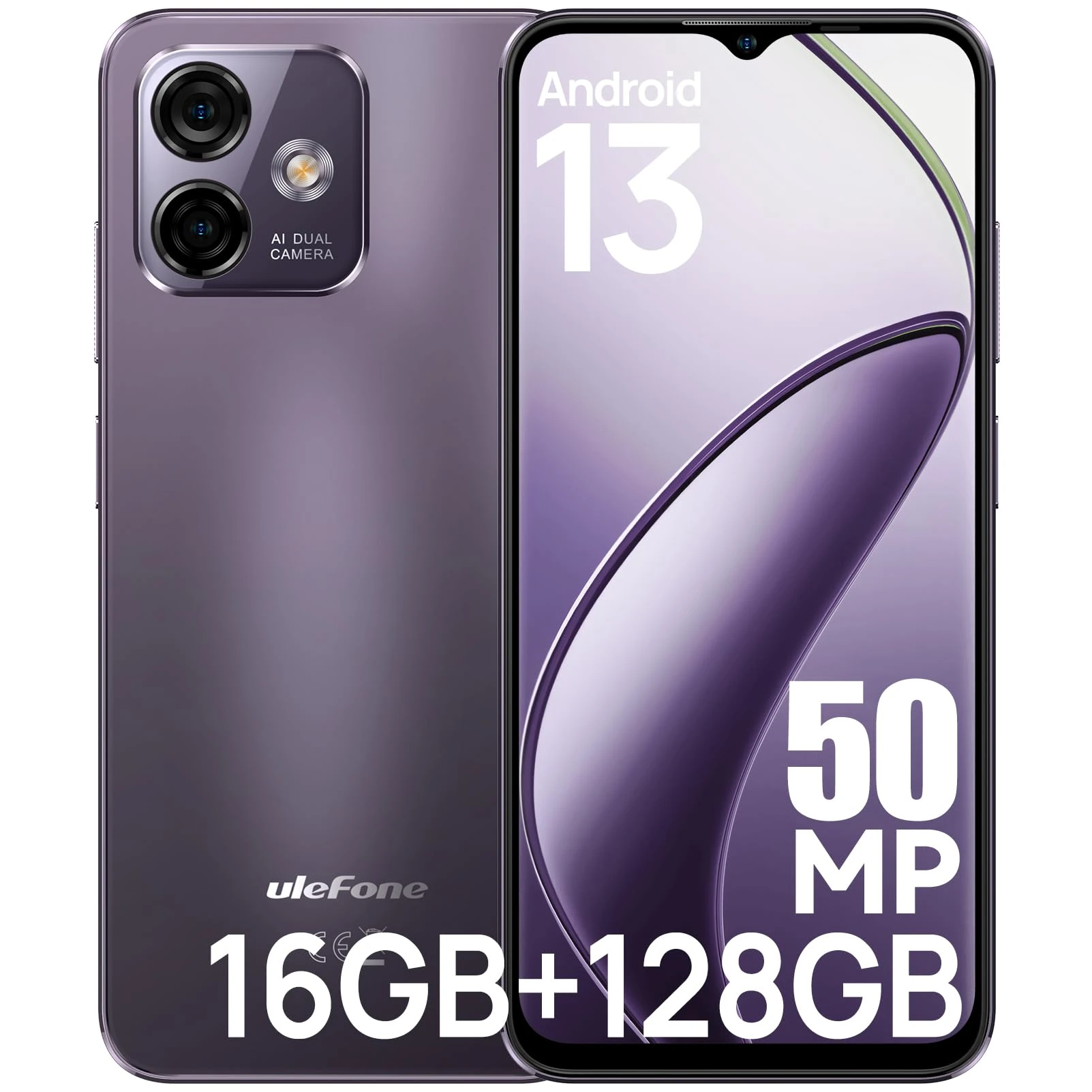 Ulefone Note 16 Pro 16GB+128GB Mobile Phones, 50MP Camera Octa Core 6.52" HD+ Smart Phone Unlocked 4400mAh 4G Dual SIM Android 13 Smartphone Fingerprint Face ID OTG, UK Version - Purple
