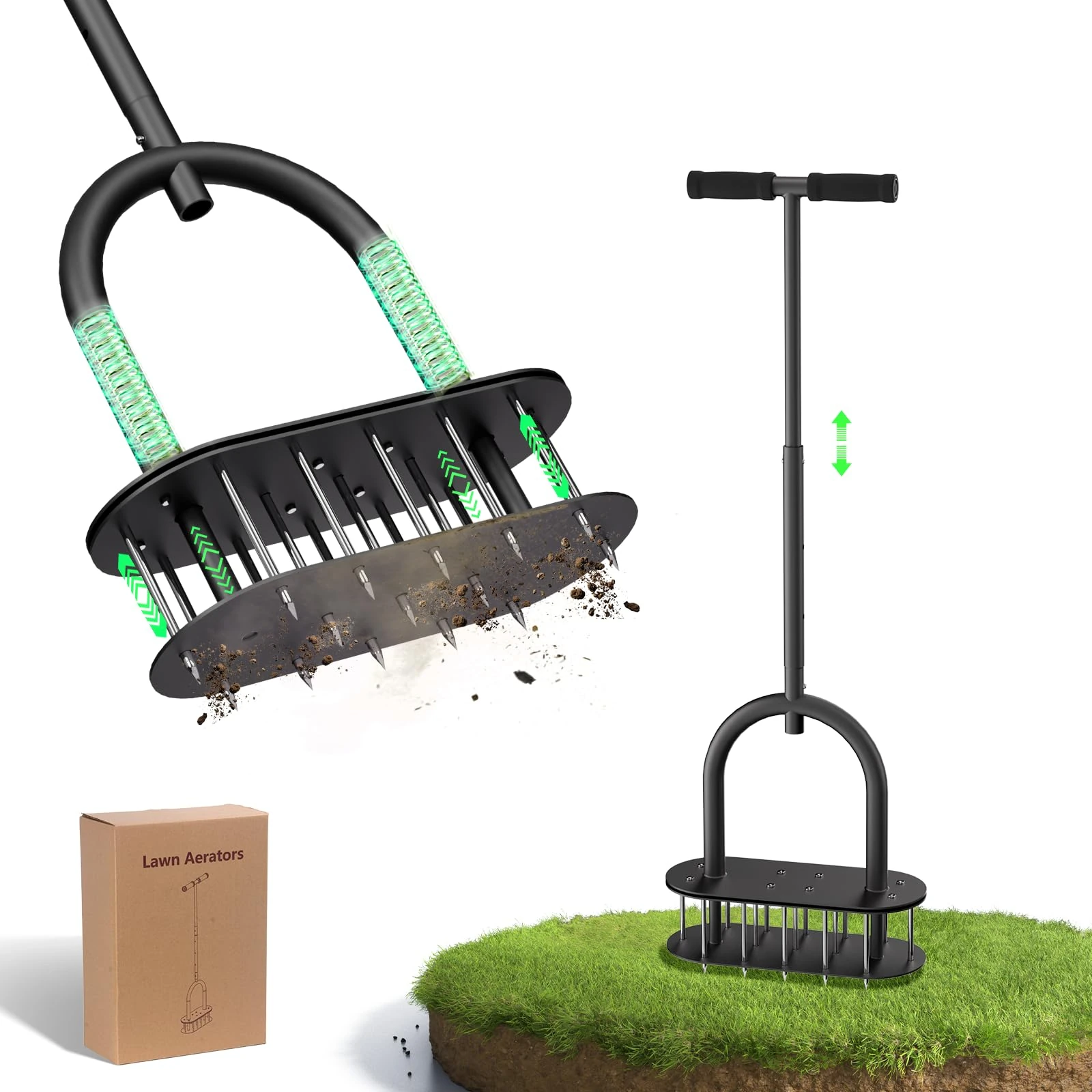 Onadak Lawn Aerator Spikes Aerating Tool, Manual Aeration Tools with Padded T-Handle, Wide Foot Plate, 15 3 Inch Solid Steel Spikes, Yard Aerators for Lawn Yard & Garden