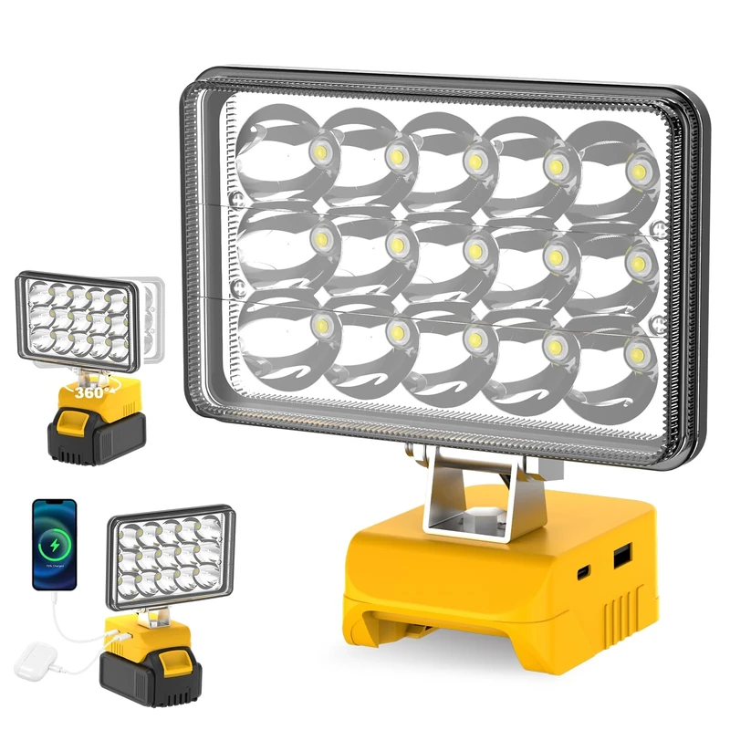 ILIKEPOW Cordless LED Work Light for DeWalt 18V/20V Battery, 20000LM Portable Rotatable Floodlight with USB-C Charging, Job Site Lighting for Outdoor Workshop Camping Fishing Emergency (No Battery)
