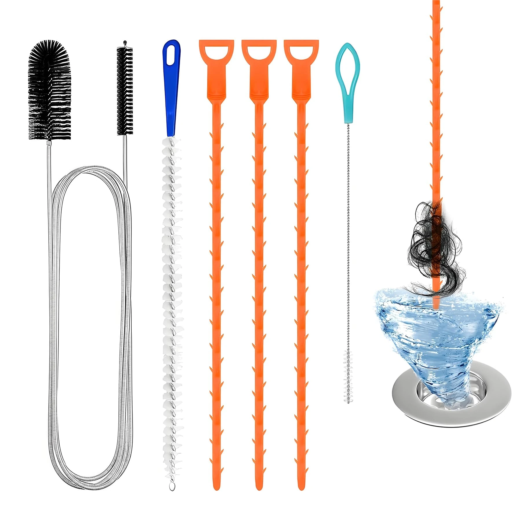 6 PCS Drain Unblocker Tools, Hair Clog Remover Sink Snake Drain, Multifunctional Plumbing Tools, Reusable, for Bathroom Toilet Kitchen Plug Hole