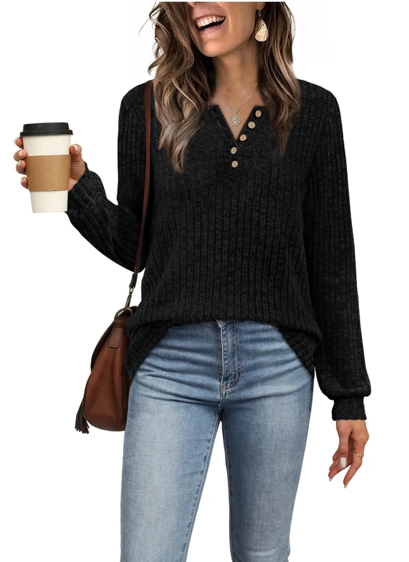 Generic Long Sleeve Henley Sweater - Black Medium - Trendy 2025