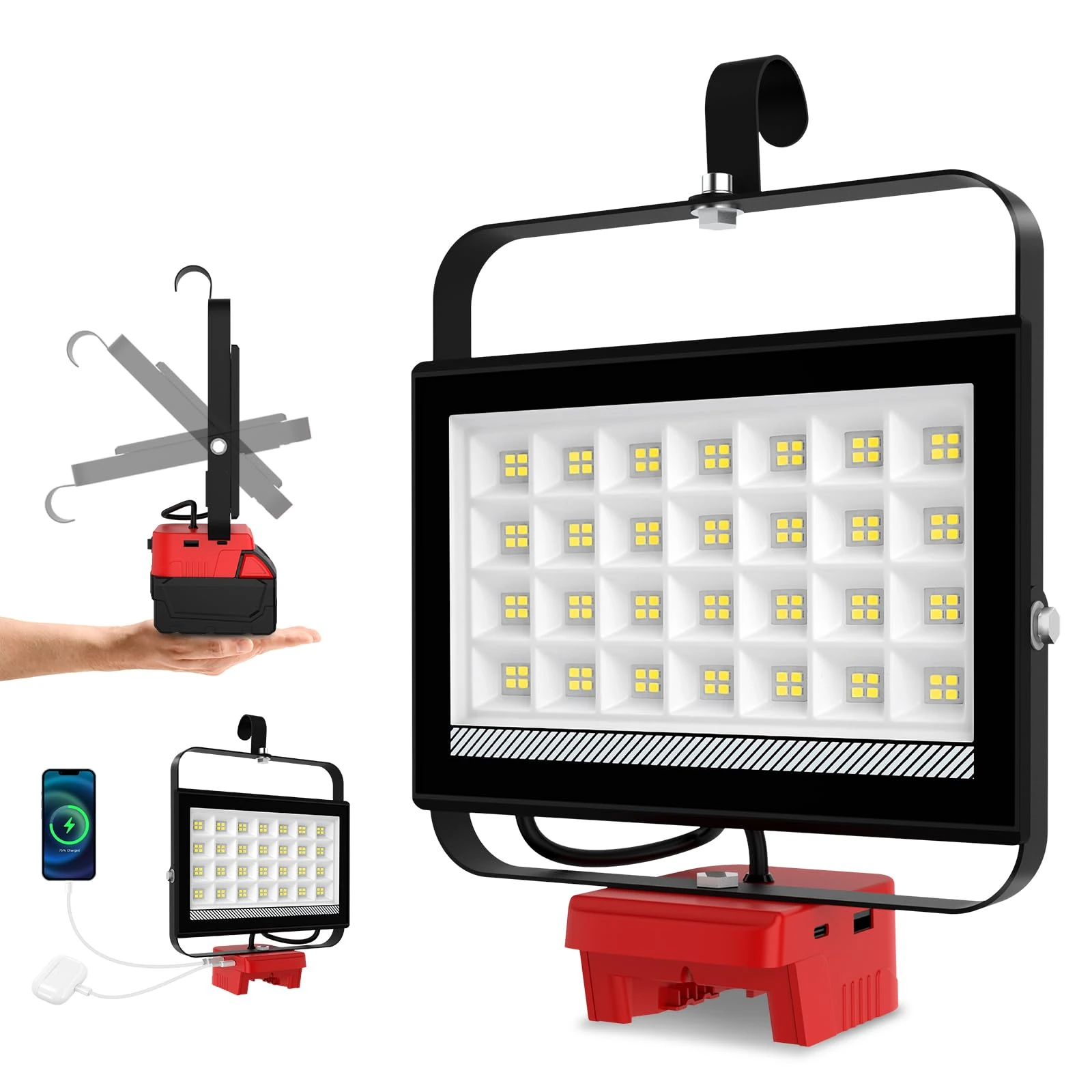 ILIKEPOW Cordless LED Work Light for Milwaukee 18V Battery, 6500LM Portable Rotatable Floodlight with USB-C Charging, Job Site Lighting for Outdoor Workshop Camping Fishing Emergency (No Battery)