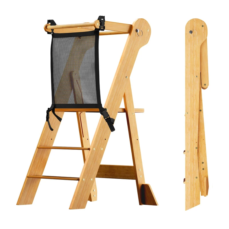 COSYLAND Montessoriana Folding Tower for Children – Montessorian Tower Children Adjustable in Height, 95% Pre-Assembled, Space-Saving Design, Ideal for Kitchen or Bathroom (Natural) - Image 1
