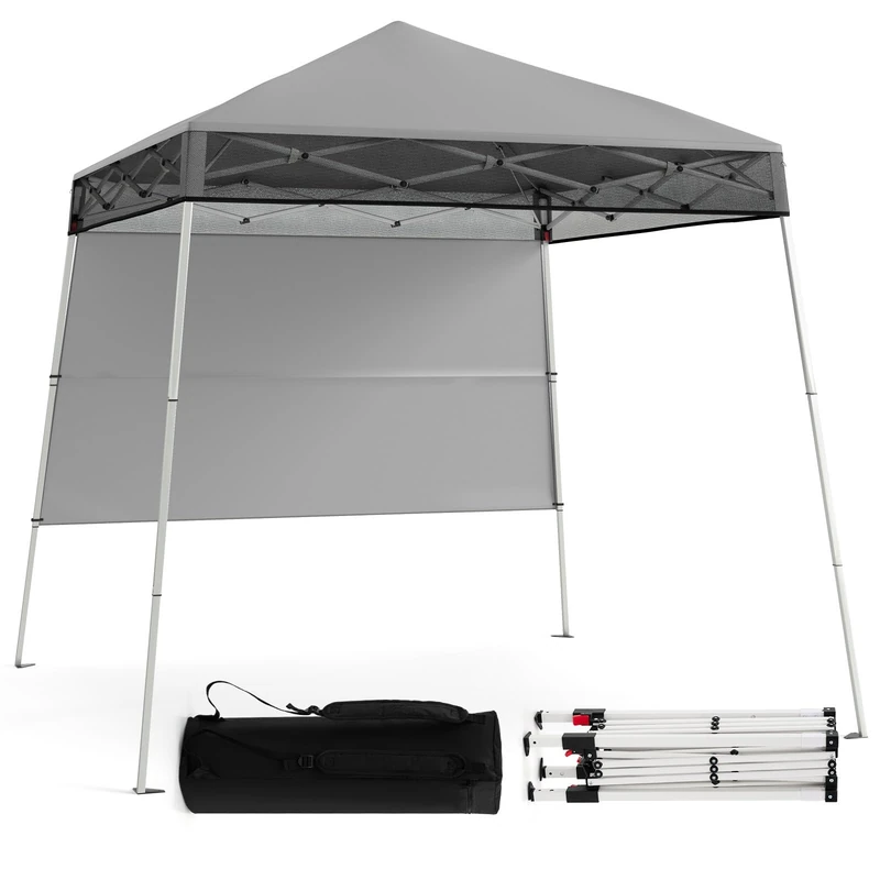 SPOTRAVEL Pop Up Gazebo, 2.1 x 2.1m Waterproof Sun Shade Canopy with Side Wall, Carry Bag & 4 Stakes, Outdoor Slant Leg Event Shelter for Party BBQ Camping Picnic (Grey, 210 x 210 x 221 cm)