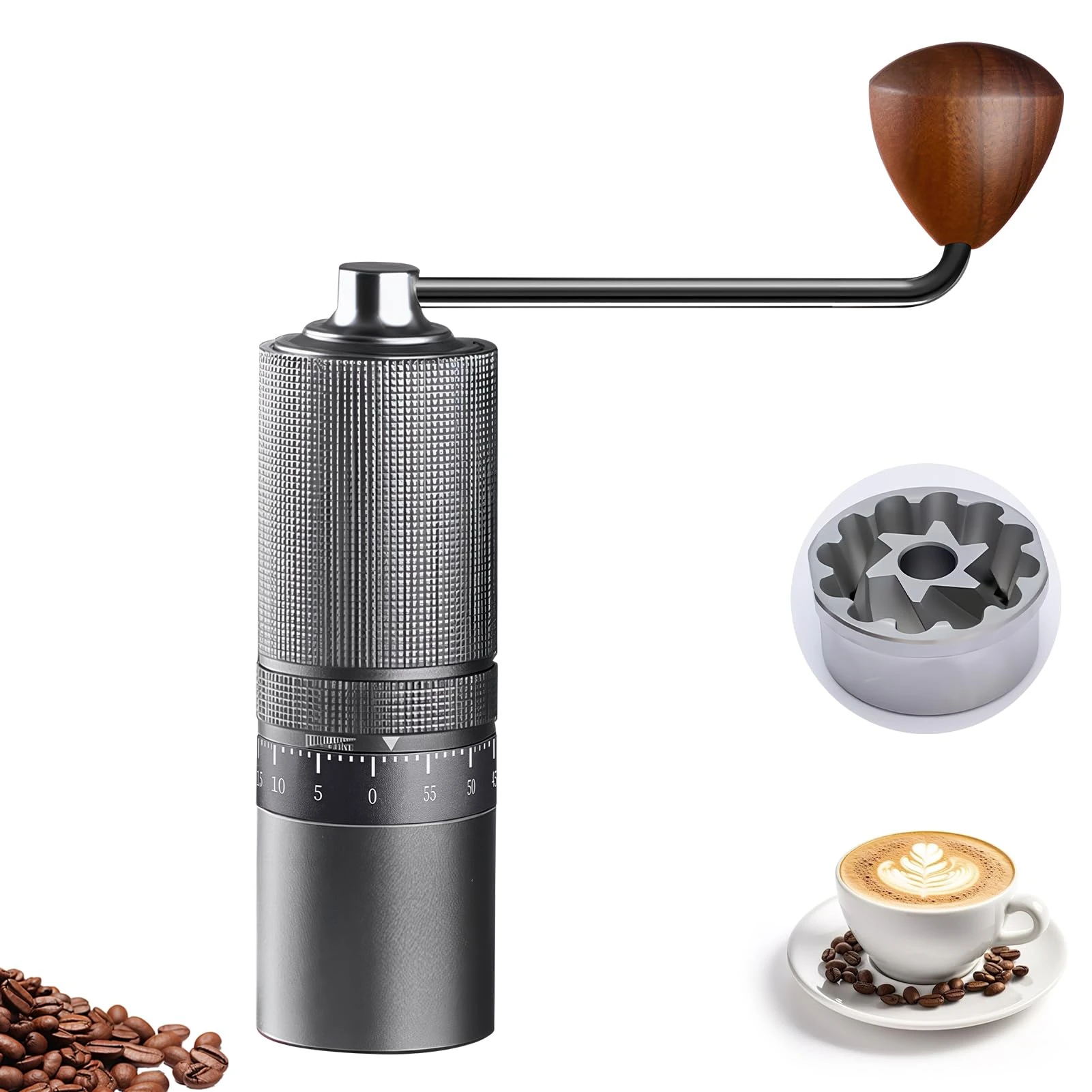 Manual Coffee Grinder – 7-Star Stainless Steel Burr, Full Metal Body, Precision External Adjustment, Portable Hand Crank, Fit for Aeropress, French Press, Drip, Espresso (Silver Gray)
