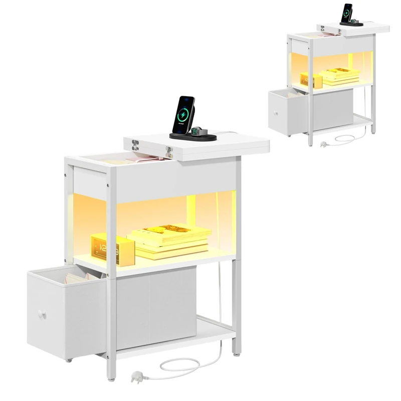 YITAHOME Set of 2 Narrow Side Tables with Charging Station and LED, Slim Side Table with Storage Drawer, Bedside Table with USB Ports Outlets Sofa Table Nightstand for Living Room, White