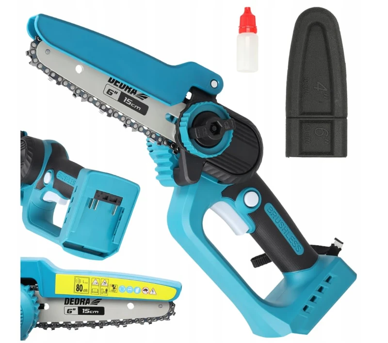 Cordless Mini Chainsaw, Brushless Mini Saw, 18 V, Dedra SAS+All, Guide Rail 6 Inch, Brushless Motor, Ultralight Construction, Cutting Thickness (up to 140 mm), Battery Operated, Without Battery