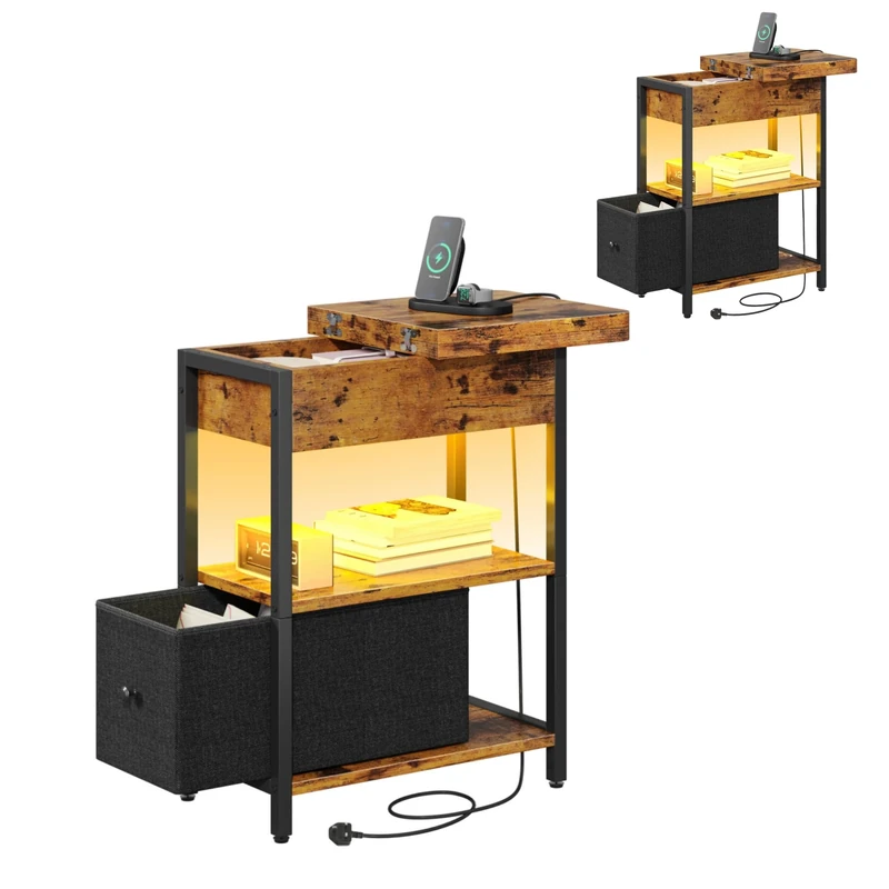 YITAHOME Set of 2 Narrow Side Tables with Charging Station and LED, Slim Side Table with Storage Drawer, Bedside Table with USB Ports Outlets Sofa Table Nightstand for Living Room, Rustic Brown