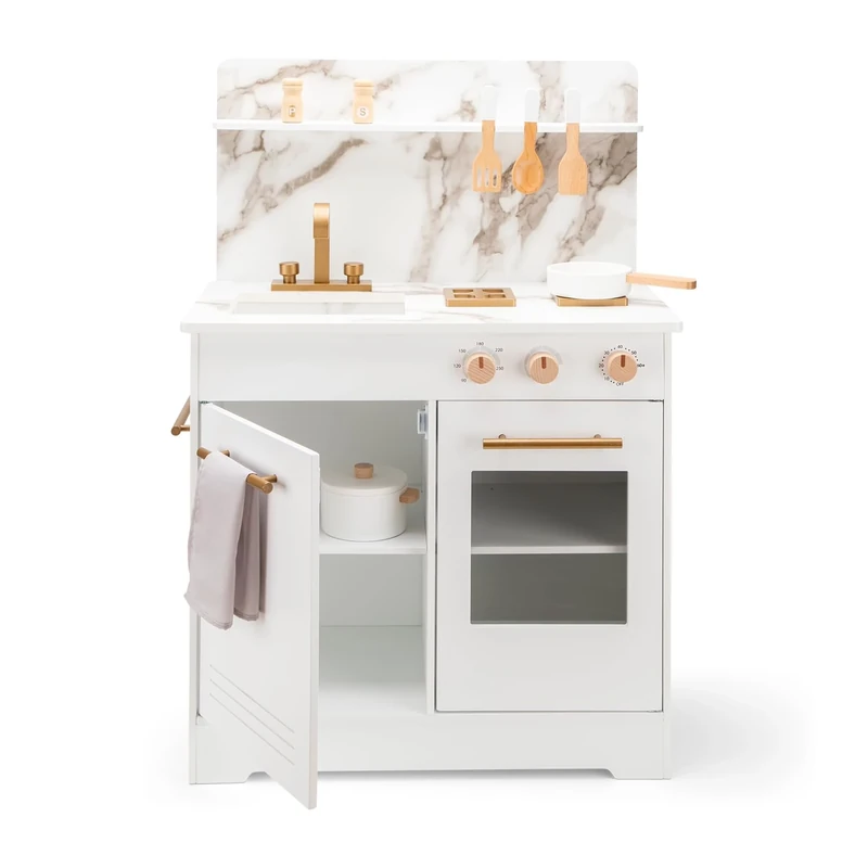 Woet Wooden White Play Kitchen for Kids Age 3+ – Pretend Playset with Utensils, Cooking Accessories & Marble Details – Childrens Kitchen - Role Play Toy Gift for Boys and Girls