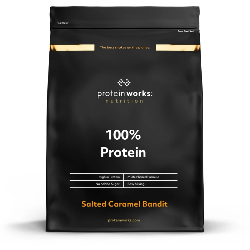 Protein Works - 100% Protein Powder, 100 Servings, Quad Protein Blend, Low Calorie, Low Fat Protein Shake, Phased Protein Release, Salted Caramel Bandit, 2.5kg