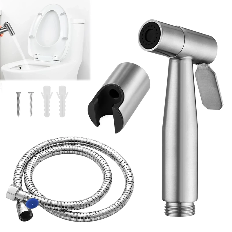 1 Set Stainless Steel Bidet Shower, Muslim Shower for Toilet Spray, Handheld Bidet Spray for Toilet UK, Handheld Douche Sprayer with 1.5M Hose and Valve Adapter, Personal Hygiene and Cleaning