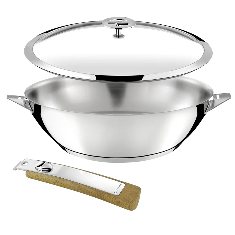 Cuisinox - Eclipse - 28 cm All-Stainless Steel Wok - Encapsulated Base - Suitable for All Heat Sources Including Induction - 18/10 Stainless Steel - Mirror Finish - Removable Wood Effect Handle, Grey
