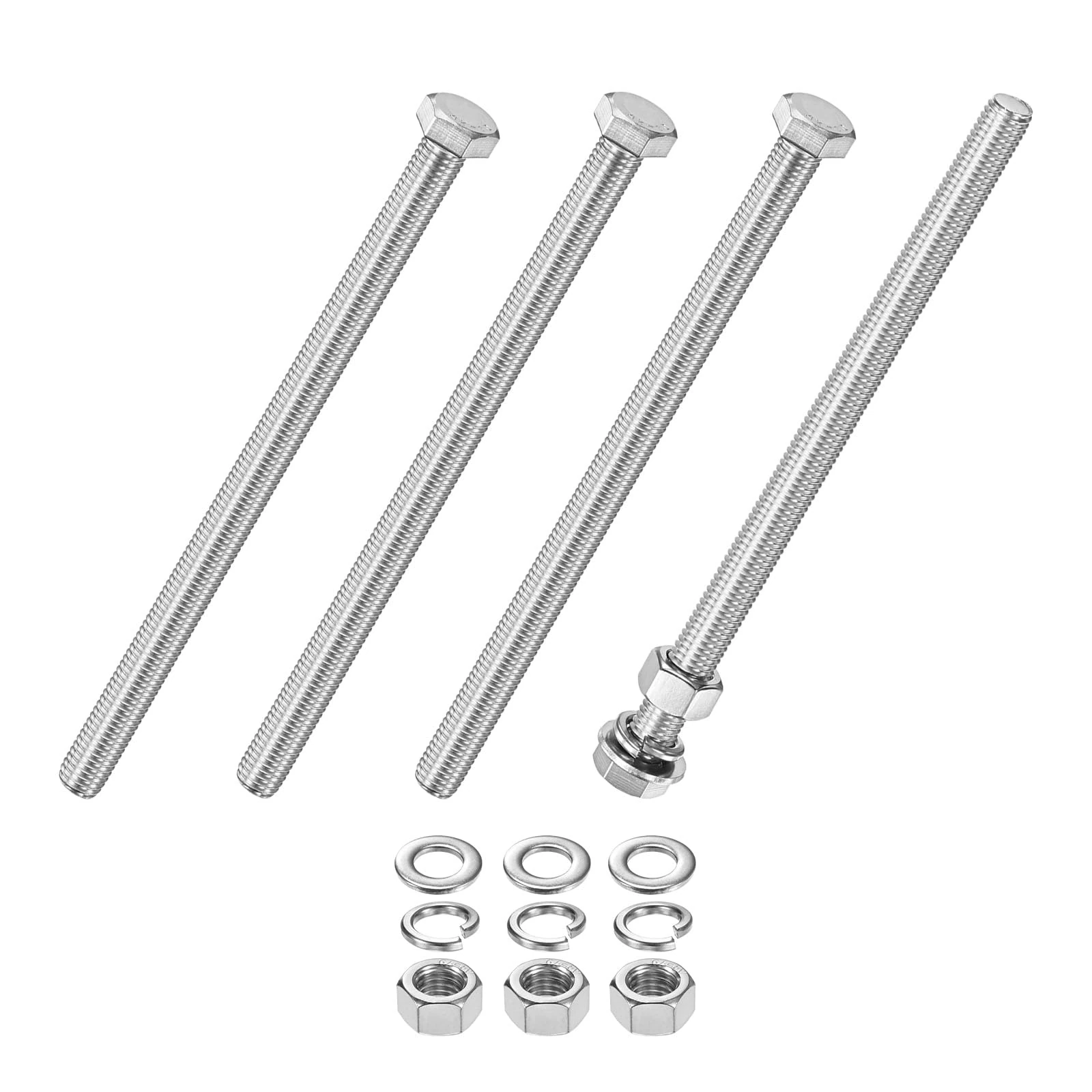 M METERXITY 4-Pack Hex Head Screw Bolt with Nuts Flat & Lock Washers M12x190mm Stainless Steel Bolts and Nuts Kit Fully Threaded Metric Bolt Assortment for Equipment/Machinery