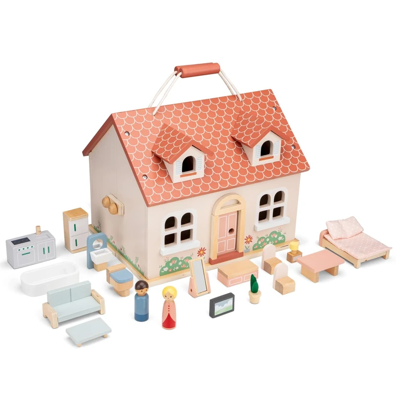 Woet Wooden Foldable Dollhouse for Kids Age 3+ – Pretend Play Doll House with 18-Piece Furniture & 2 Dolls – Portable Educational Role Play Toy for Girls and Boys