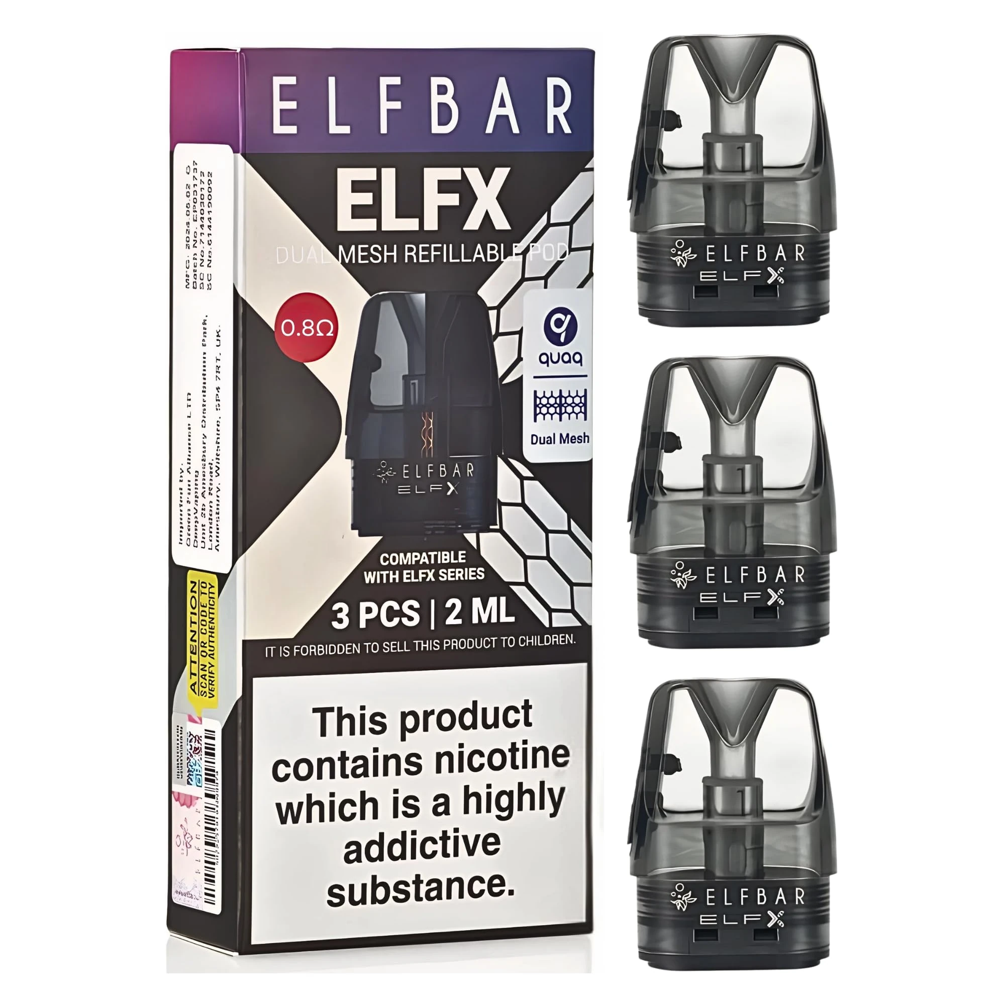 ELFBAR ELFX Replacement Pod – 0.8ohm Dual Mesh Coil, 17w, Top-Fill, 3‑Pack – Compatible with ELFX & ELFX Pro Kits - Nicotine Free