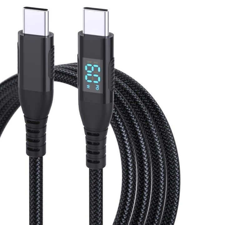 J & R Braided USB C Charger Cable with LED Display, 60W PD Fast Charging, 1 Metre USB to USB C Cable, Type C Charger Cable Fast Charging, Black USB to USBC Cable