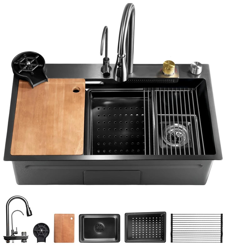 SereneLife Stainless Steel Kitchen Sink | Durable Kitchen Sink Includes Drain Rack, Strainer Basket, Basin Tray, Cutting Board & Cup Washer | Sleek & Stylish | 29.5" L x 18" W x 8.66" H in | Black