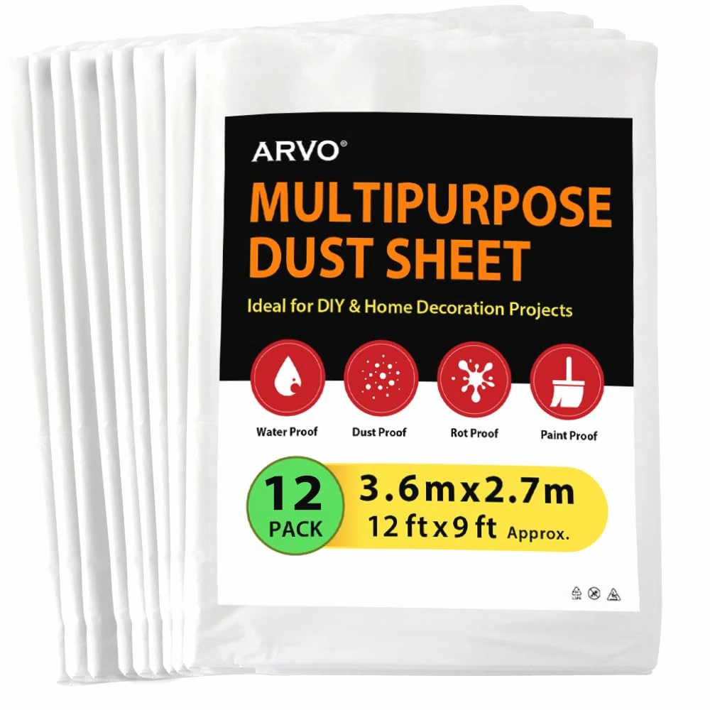ARVO 12 Pack Extra Large Plastic Dust Sheets for Decorating - 3.6m x 2.75m (12ft x 9ft), Waterproof Polythene for Painting, Furniture, Floor Protection, Ideal with Paint Coveralls