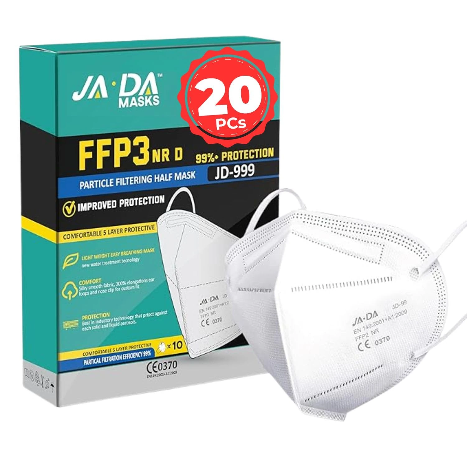 FFP3 Masks Pack of 20 With >99% Filtration Efficiency -7 Layer Disposable Face Mask UK Certified - Feel Safe, Breathe Easy - Secure DIY Dust Masks for Building Work, Sanding-EN149:2001+A1:2009 (20)