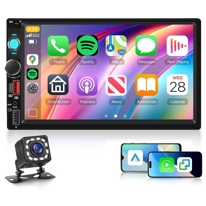 Rimoody Double Din Wireless Carplay Car Radio Android Auto, 7'' Touch Screen 2 Din Car Stereo with Mirror Link Bluetooth FM EQ Fast Charge Support Backup Camera SWC Dual USB