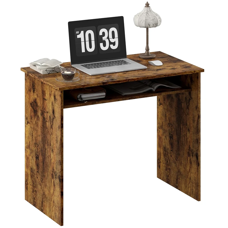 HOMCOM Modern Computer Desk, Home Office Table, Small Writing Desk with Storage Shelf, 90 x 50cm, Rustic Brown