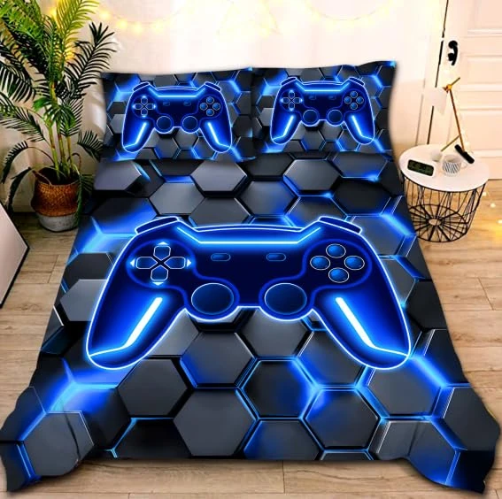 NTBED 3D Gaming Comforter Set for Boys Kids Teens,5pcs Gamer Bedding Sets with Sheet,Game Console Bed in a Bag(Blue, Queen)