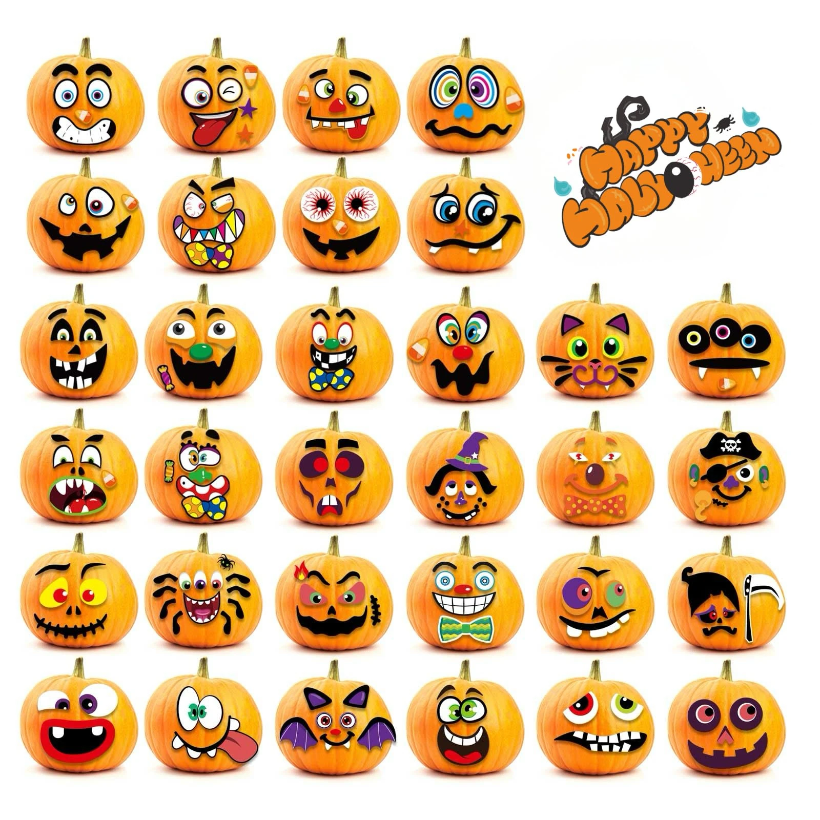 Halloween Pumpkin Stickers for Kids - 32 Sheets No Carve Jack o Lantern Face Stickers Kit | Halloween Pumpkin Decorations, Crafts, Party Favors & Kids Activities Gifts