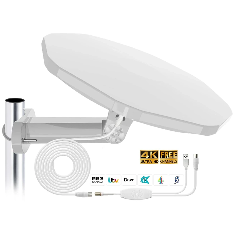 TV Aerial Outdoor - High Gain Freeview TV Antenna with Long Range Reception Booster for Caravan Motorhome Campervan Truck Car Boat（White）