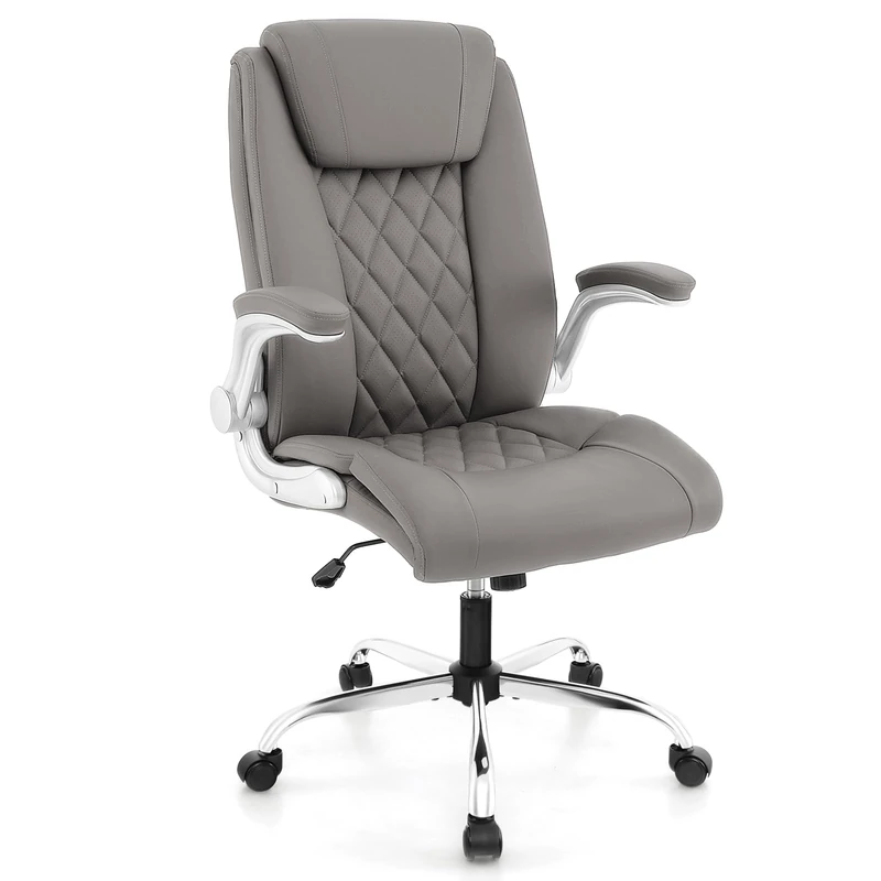 CASART PU Leather Office Chair, Height Adjustable Ergonomic Computer Desk Chair with Rocking Function, Flip up Armrests & 6-Position Headrest, High Back Executive Chairs for Home Office (Grey) - Image 1