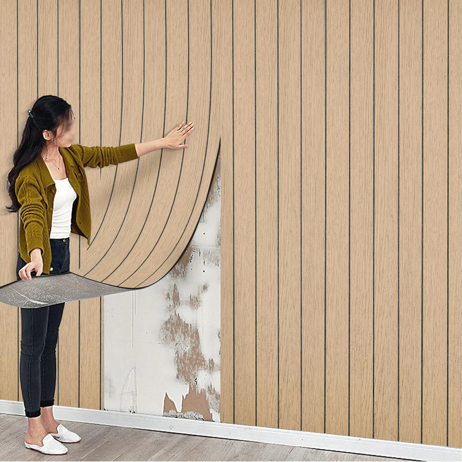 Beswitory Thick Faux Wood Slat Wallpaper, Peel and Stick 3D Foil Insulation Self Adhesive Wall Panels Wallpaper Brown Sound Absorbing Wooden Slats for Bathroom, Bedroom, Kitchen, Living Room 40cm*3m