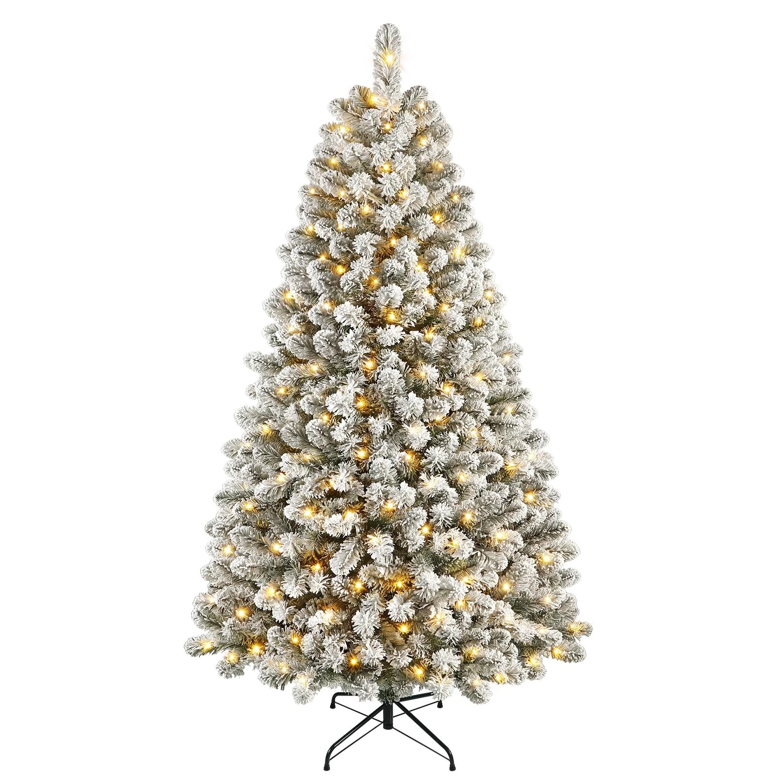 SHareconn 7ft Pre Lit Christmas Tree Snow Flocked with 320 Warm White LED Lights, 8 Light Modes, 1076 Snow Branch Tips, Foldable Metal Stand, Artificial Xmas Tree for Home Office Party Decoration