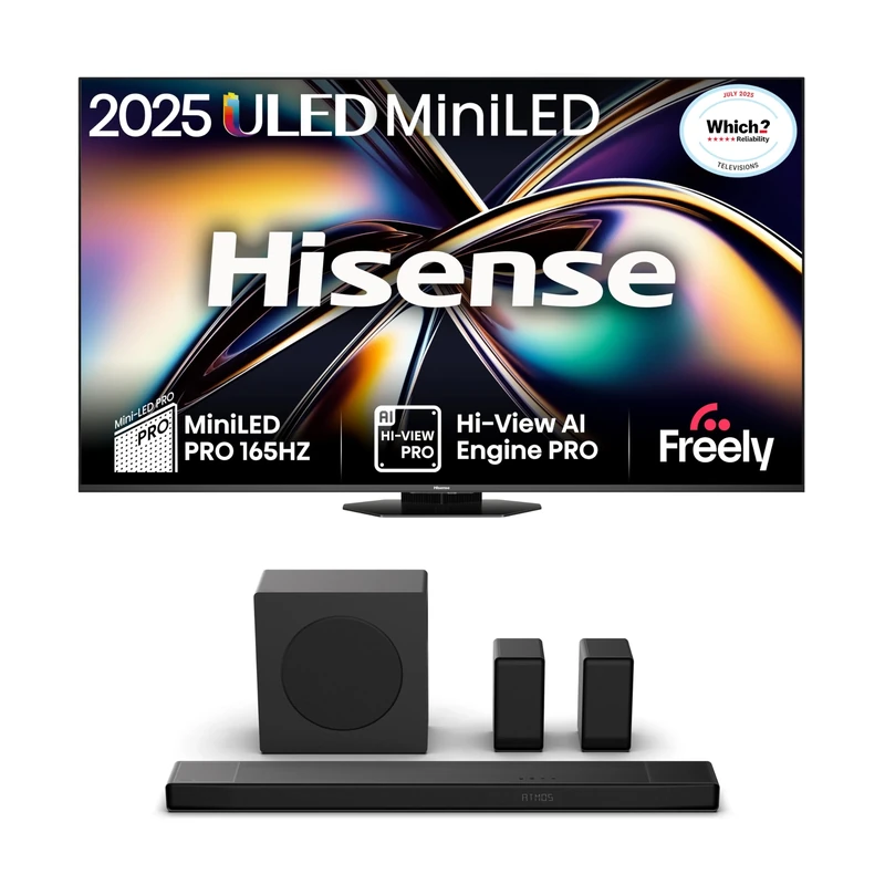 Hisense TV & Soundbar Bundle: 55U8QTUK Mini-LED TV plus the AX5140Q Soundbar – elevate your living room setup with flagship features and immersive sound.