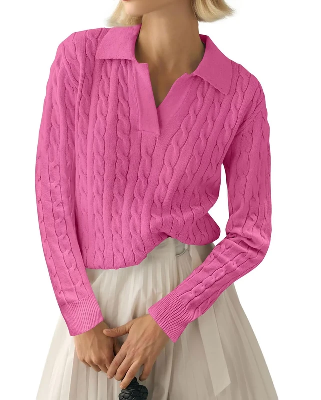 LACOZY Women Winter Long Sleeve Sweater Pullover Polo Tops V Neck Knit Casual Soft Pullover Shirt Pink XL